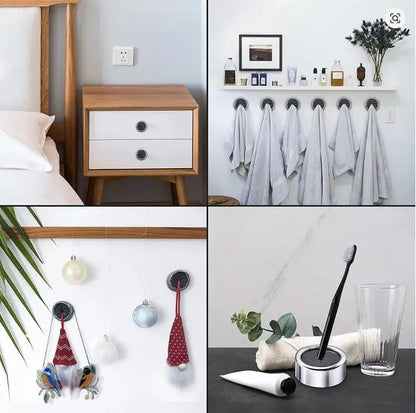 Collage of four images showing a wooden nightstand, towel rack with hanging towels, wall hooks with decorative items, and a bathroom setup with a toothbrush holder.