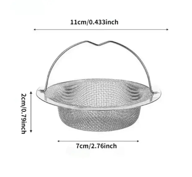 Stainless steel strainer with dimensions labeled on a white background