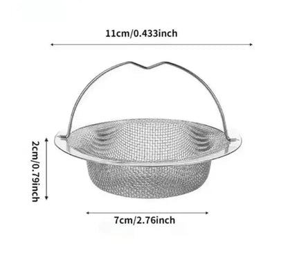 Stainless steel strainer with dimensions labeled on a white background
