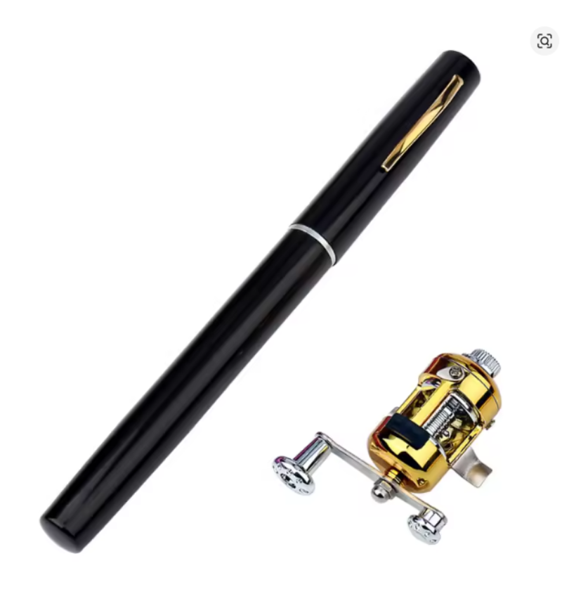 A black fishing rod blank with a gold clip and silver band, shown next to a gold and silver spinning fishing reel on a plain white background.