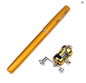 A gold-colored metal pen shown diagonally next to a matching gold and silver spinning fishing reel on a plain white background.