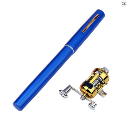 A blue metal pen shown diagonally next to a gold and silver spinning fishing reel on a plain white background.