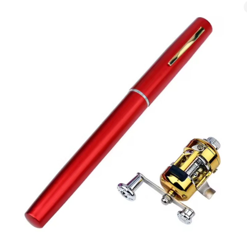 A red metal pen shown diagonally next to a small gold and silver fishing reel on a plain white background.