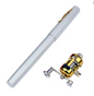 A silver metal fishing rod blank shown diagonally next to a gold and silver spinning fishing reel on a plain white background.