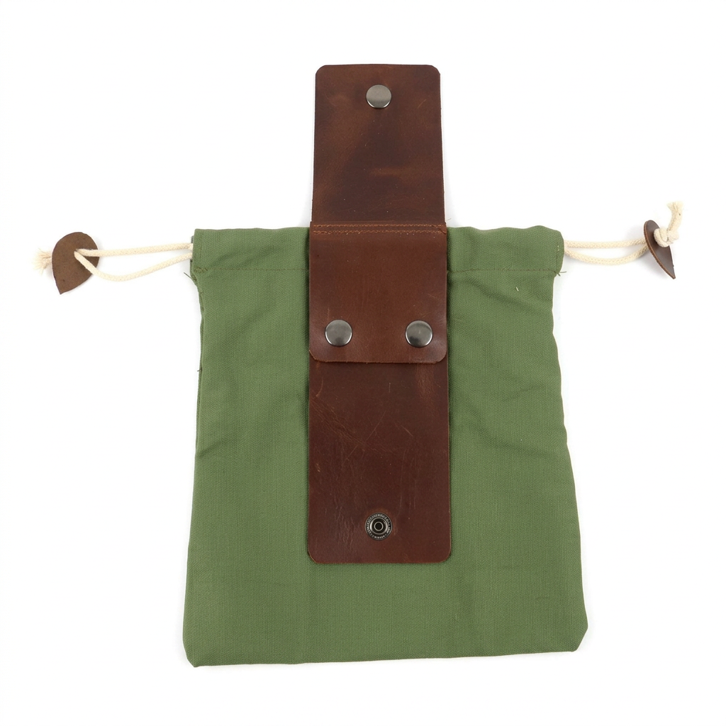 An olive green canvas drawstring pouch with a brown leather strap closure secured by silver metal snaps, shown on a plain white background.