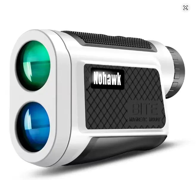Nohawk laser rangefinder with green and blue lenses on a white background