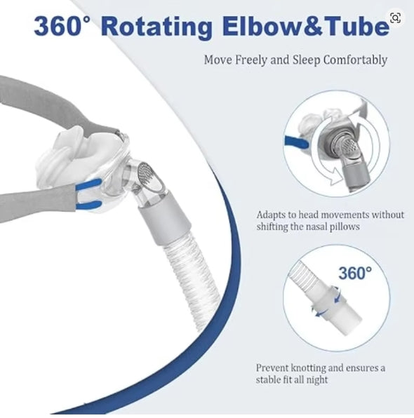 CPAP device with 360-degree rotating elbow and tube on a white background