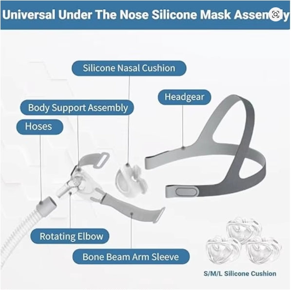 Diagram of a universal under-the-nose silicone mask assembly with labeled parts.