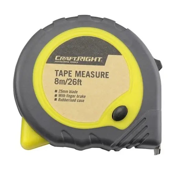 Craftright 8m Tape Measure | Rubber Grip | Blade Lock & Belt Clip | 4 Colours BNG