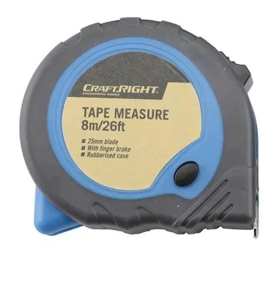 Craftright 8m Tape Measure | Rubber Grip | Blade Lock & Belt Clip | 4 Colours BNG