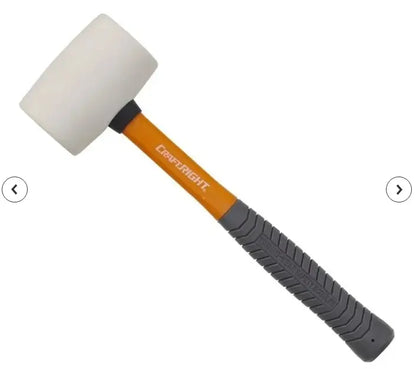 White mallet with orange and gray handle on a white background