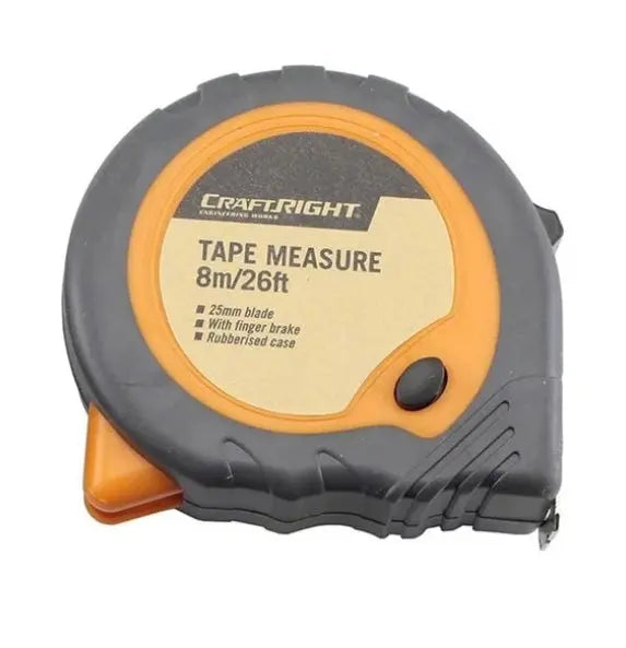 Craftright 8m Tape Measure | Rubber Grip | Blade Lock & Belt Clip | 4 Colours BNG