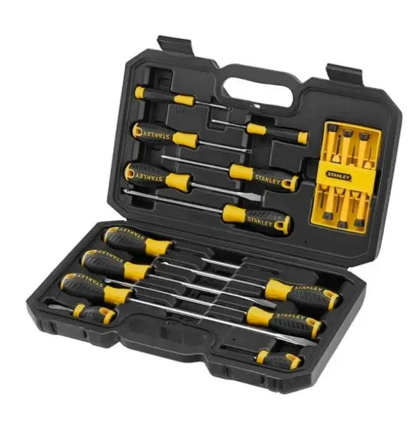 Stanley screwdriver set in an open black case on a white background