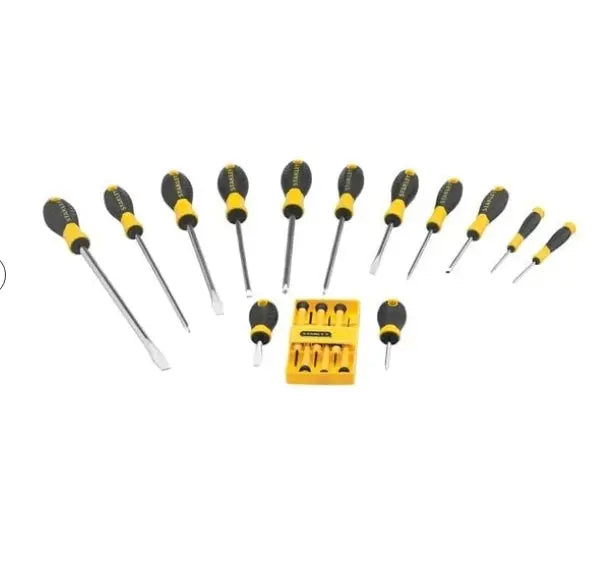 Set of screwdrivers with a yellow holder on a white background