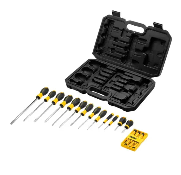 Set of screwdrivers with a black case on a white background