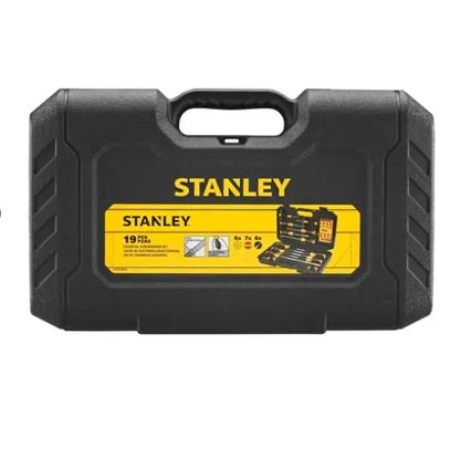 Black Stanley tool case with yellow label on a white background
