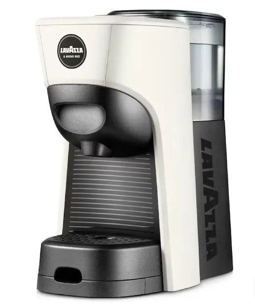 White and black Lavazza coffee machine on a white background