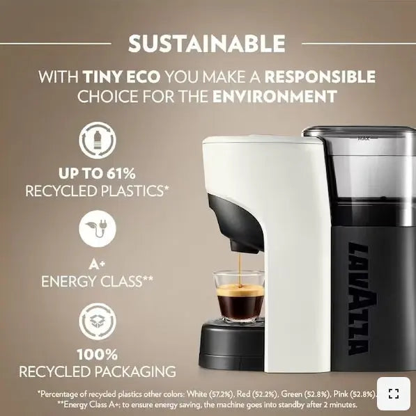 Lavazza coffee machine with sustainability features on a brown background