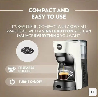 Compact coffee machine with text highlighting its features on a brown background