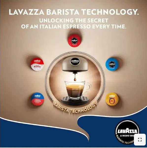Lavazza Barista Technology advertisement with coffee machine and capsules on a beige and blue background.