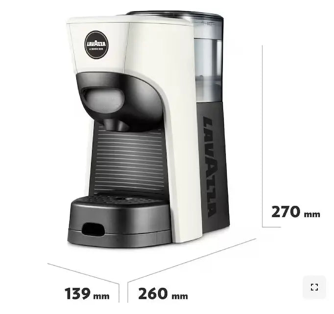 Lavazza coffee machine with dimensions on a white background