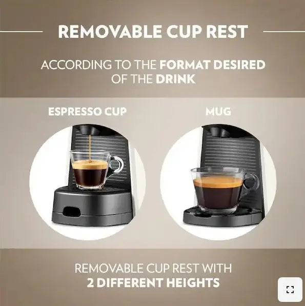 Coffee machine with removable cup rest for espresso and mug, on a beige background.