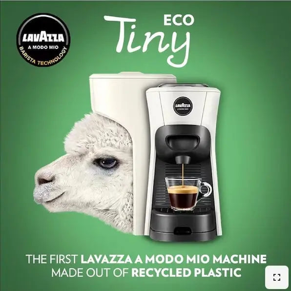 Lavazza A Modo Mio Eco Tiny machine with a llama's head, on a green background