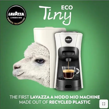Lavazza A Modo Mio Eco Tiny machine with a llama's head, on a green background