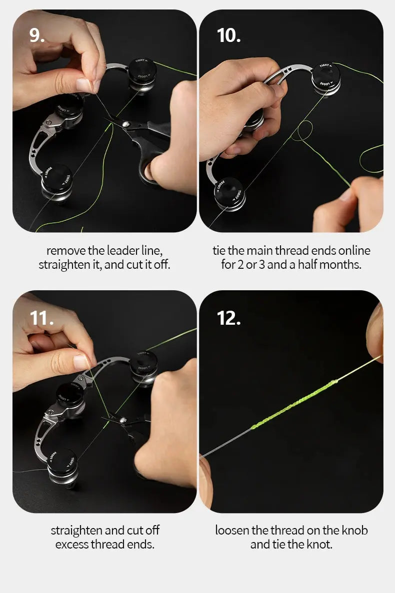 Step-by-step guide on tying a fishing line with text instructions.