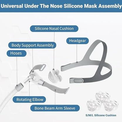Diagram of a Universal Under The Nose Silicone Mask Assembly with labeled parts on a white background.
