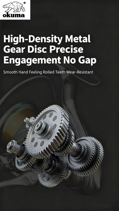 Gear disc with text about high-density metal gear properties on a dark background