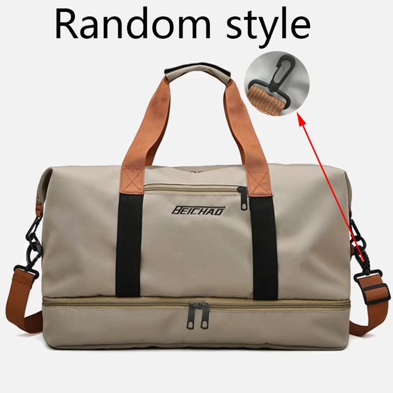 White travel bag worn crossbody