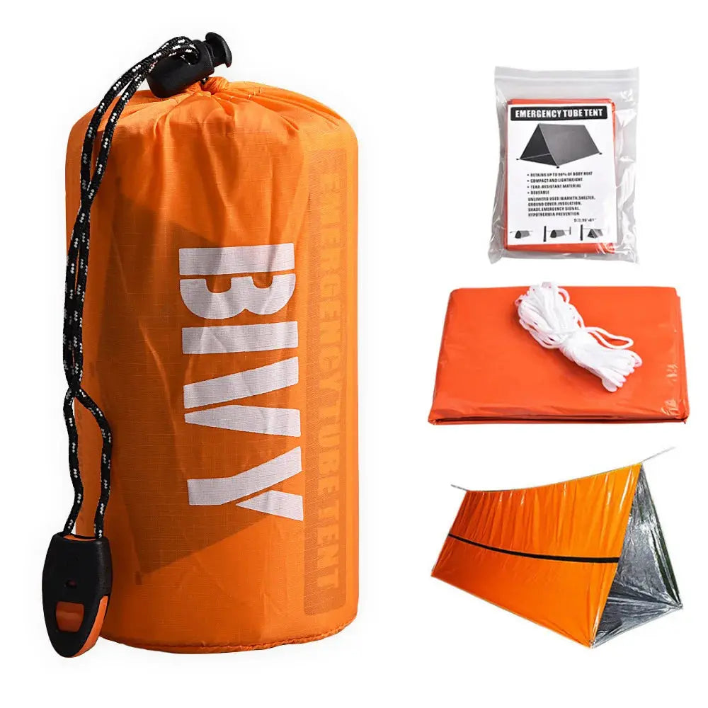 Orange BVX bag with emergency supplies including a tube tent and rope on a white background
