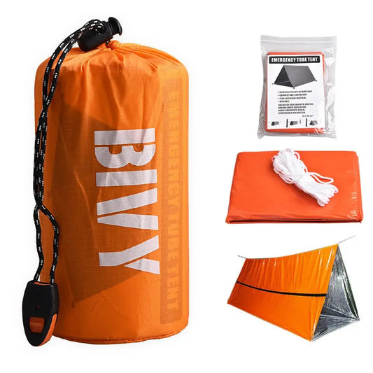 Orange BVX bag with emergency supplies including a tube tent and rope on a white background