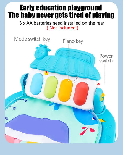 Children's toy piano with labeled parts on a light blue background