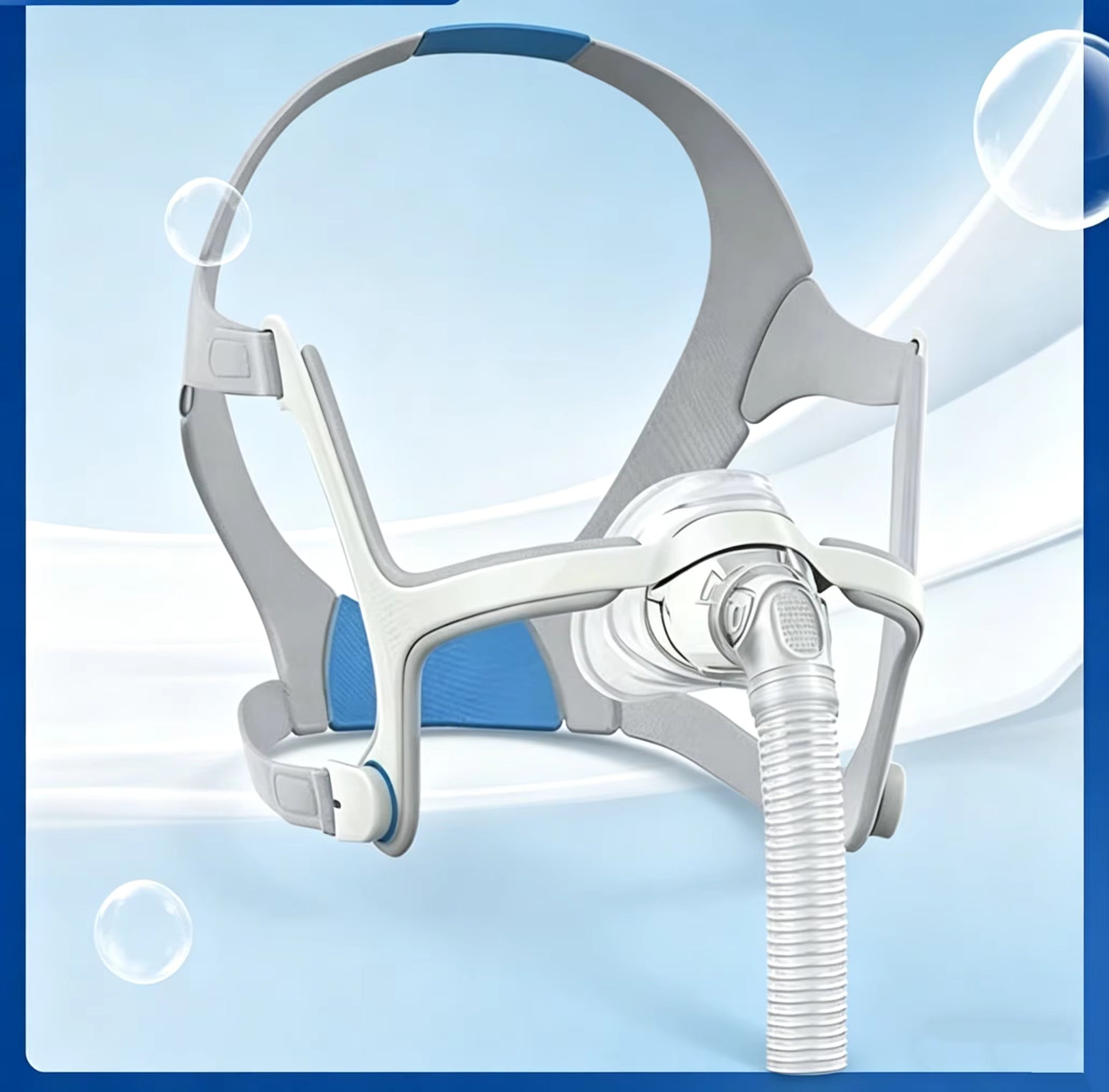 CPAP mask with hose on a light blue background