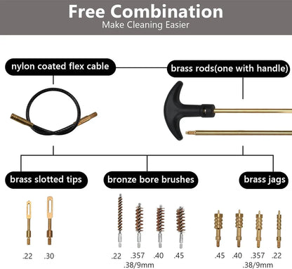 A product information graphic showing a cleaning brush set with labeled parts: nylon coated flex cable, brass rods with a handle, brass slotted tips, bronze bore brushes, and brass jags, plus size markings. The image is not a clean product photo and functions as an explanatory parts overview, so subject_type is Instruction Diagram rather than Product/Packaging.