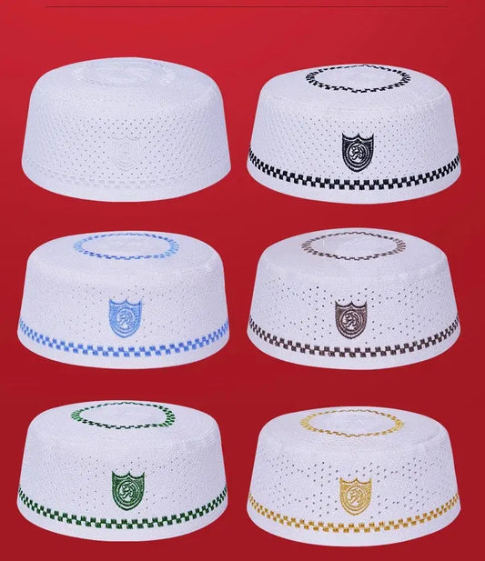 Muslim Men Prayer Hat Cotton Embroidery Kufi Islamic Cap Saudi UAE Style AEX