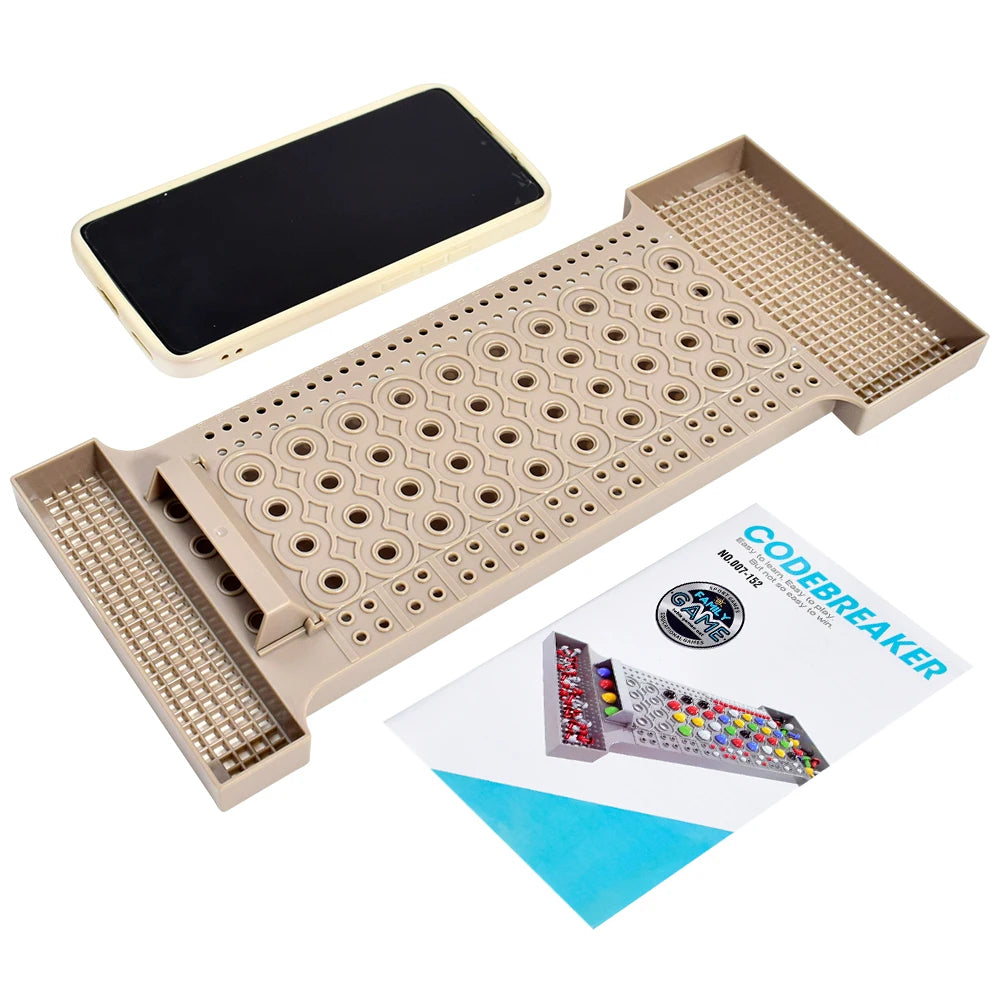 Codebreaking puzzle with phone and instruction manual on a white background