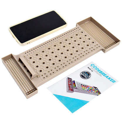 Codebreaking puzzle with phone and instruction manual on a white background