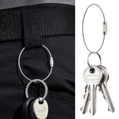 Stainless steel wire rope keyring with screw lock barrel