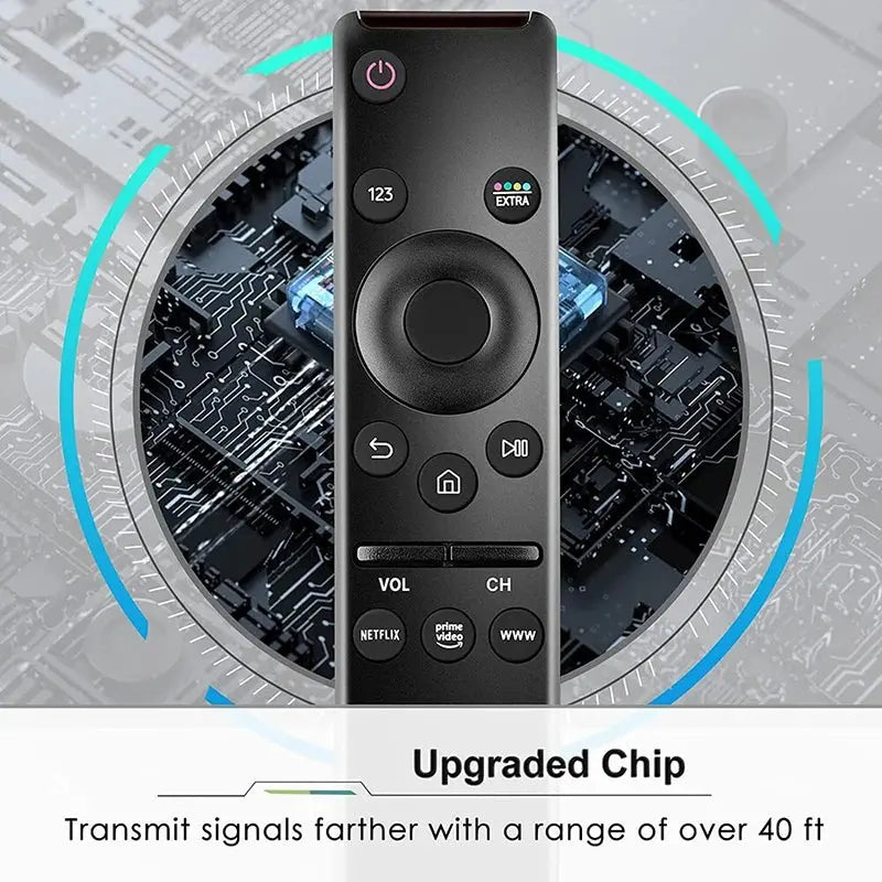 Black remote control with electronic circuitry in the background, highlighting an upgraded chip feature.