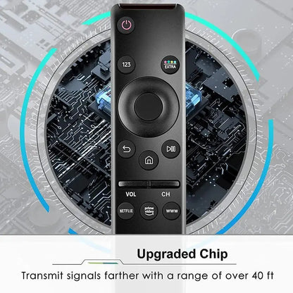 Black remote control with electronic circuitry in the background, highlighting an upgraded chip feature.