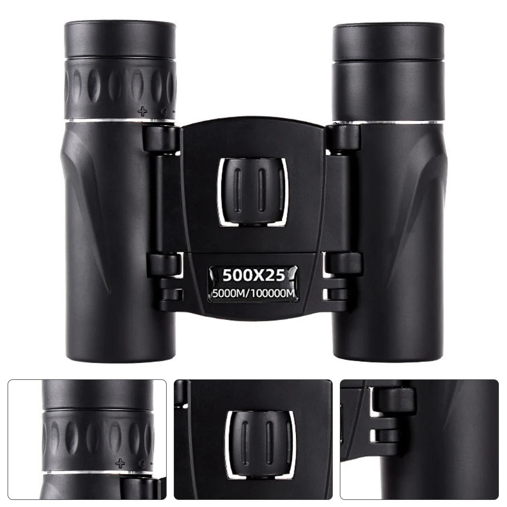 Black binoculars with specifications on a white background