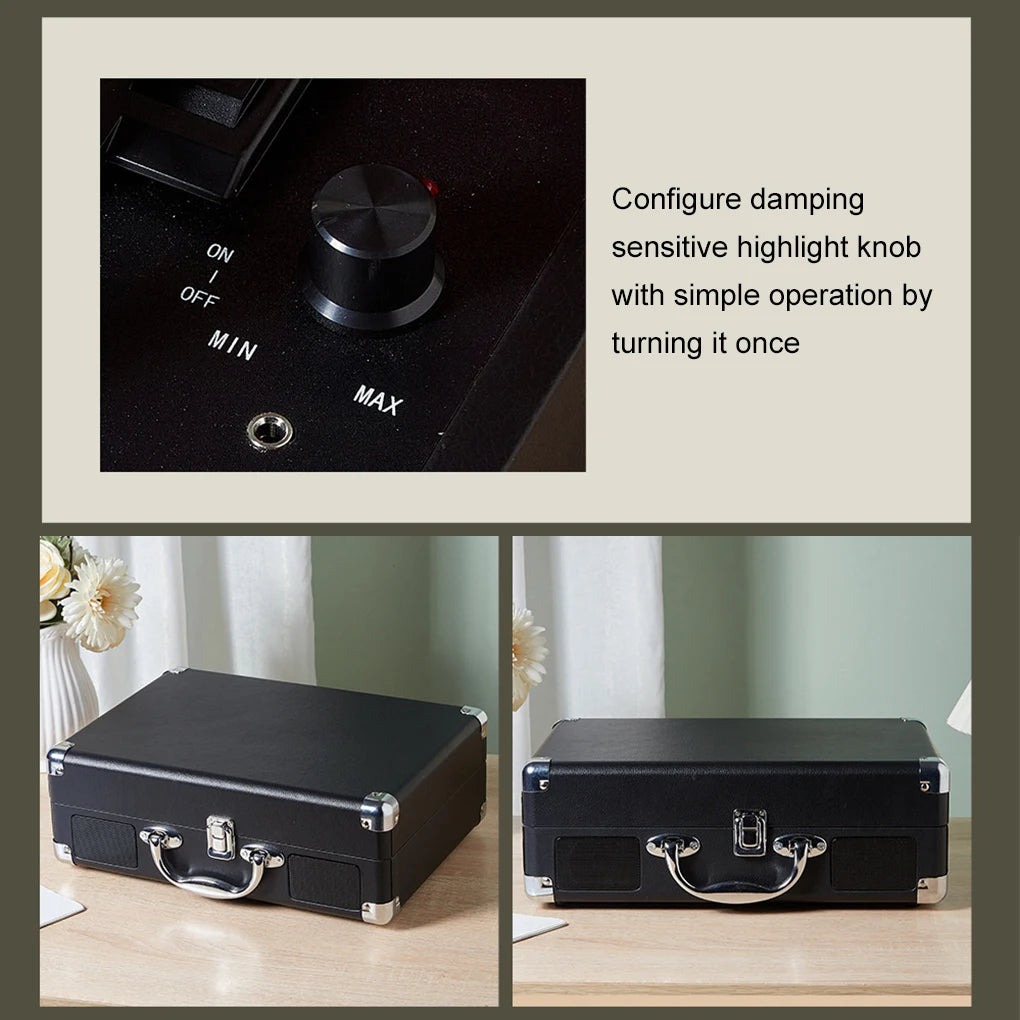 Portable vinyl turntable in a retro suitcase case used with a book on a wooden table
