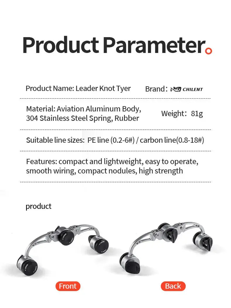 Product parameter card for a Leader Knot Tyer with specifications and images of front and back views.