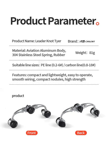 Product parameter card for a Leader Knot Tyer with specifications and images of front and back views.