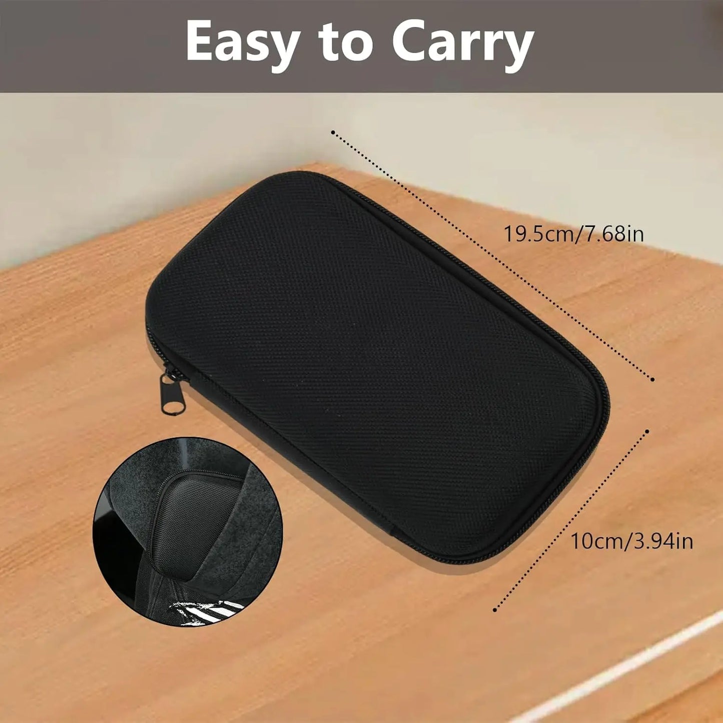 A black zippered carrying case shown on a wooden surface with overlaid dimension lines reading 19.5cm/7.