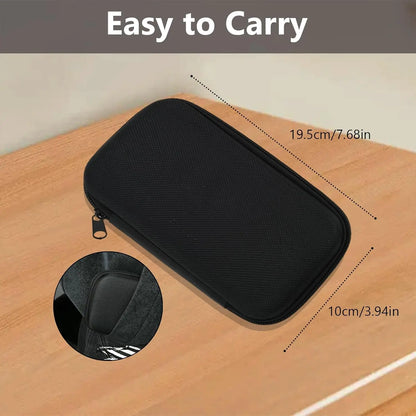 A black zippered carrying case shown on a wooden surface with overlaid dimension lines reading 19.5cm/7.