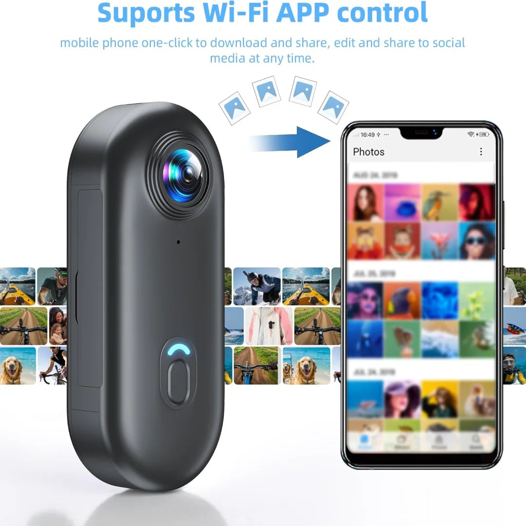 Mini 4K action camera with magnetic clip and mounting accessories